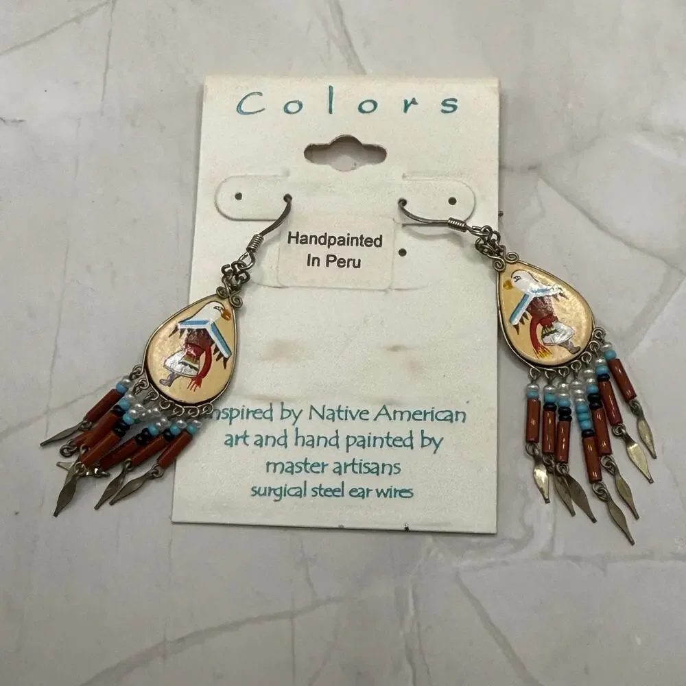 Colors Peru Hand Painted Eagle Dancer Style Beaded Earrings NWT